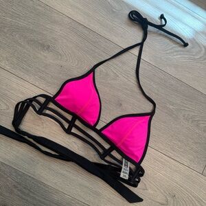 VS PINK Neon Pink Triangle Bikini Top with Black Strappy Trim